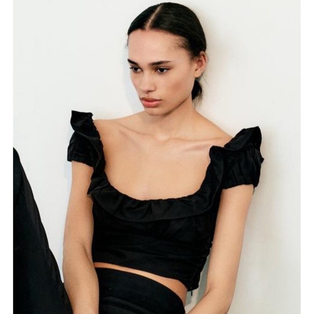 NWT Zara Black Puff Ruffle Scoop Neck‎ Crop Top Blouse Large